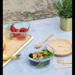 PEBBLY Boîte de Conservation en Verre et Bambou Rond 620 ml* Plat De Cuisson|Conservation