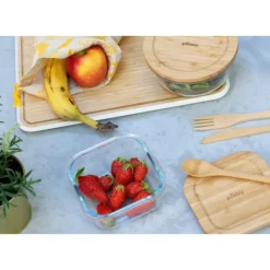 PEBBLY Boîte de Conservation en Verre et Bambou Carré 520 ml* Conservation