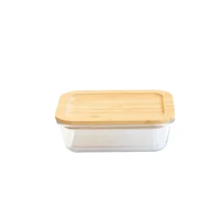 PEBBLY Boîte de Conservation en Verre et Bambou Rectangle 640 ml* Plat De Cuisson|Conservation
