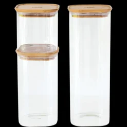 PEBBLY Lot de 3 Boîtes de Conservation en Verre Carrée Couvercle Bambou* Conservation