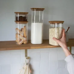 PEBBLY Lot de 3 Boîtes de Conservation en Verre Carrée Couvercle Bambou* Conservation