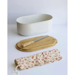 PEBBLY Set Boîte à Pain Métal et Bambou 4 Pièces* Sac En Tissu|Conservation